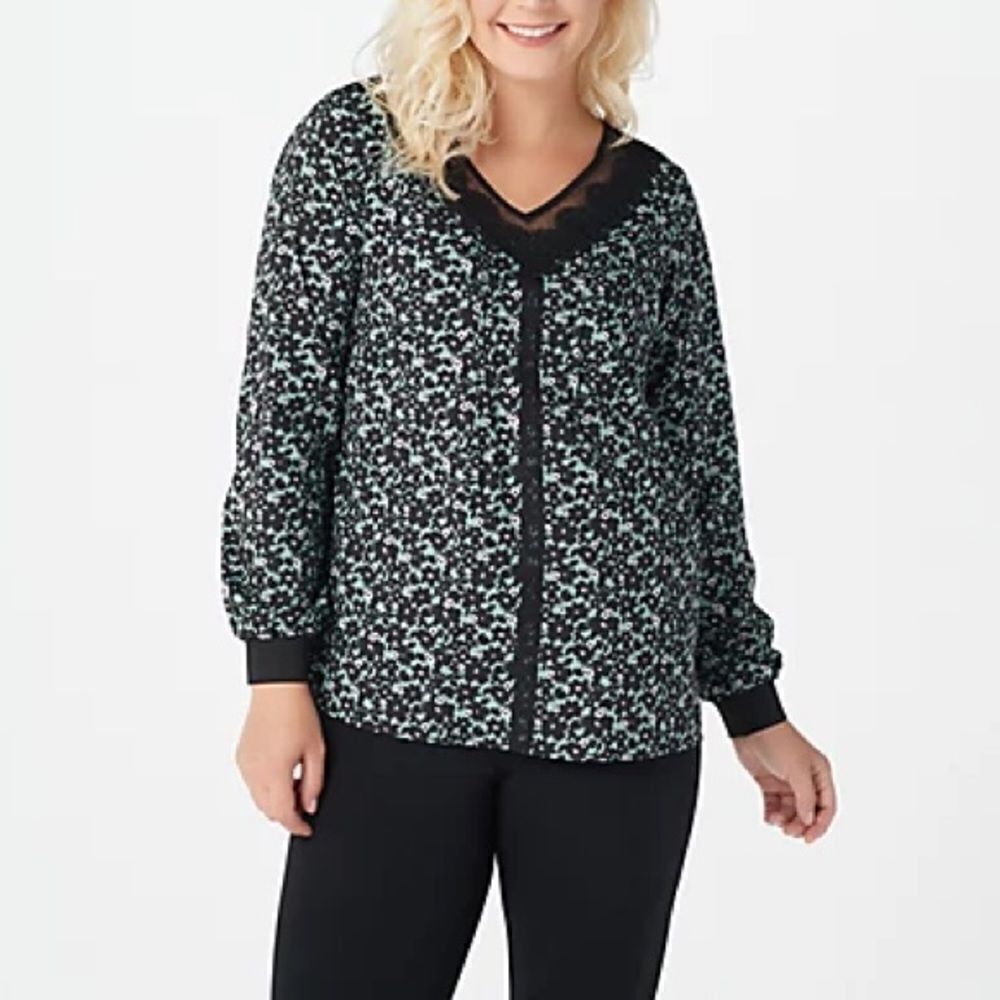 Belle by Kim Gravel Lace Trim Mesh V-Neck Print Blouse